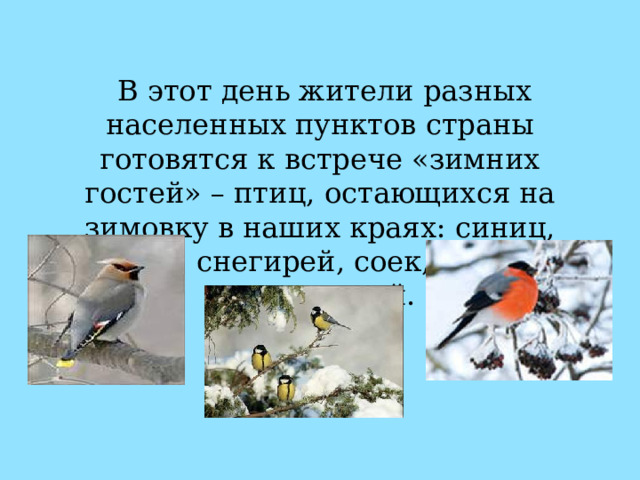 В этот день жители разных населенных пунктов страны готовятся к встрече «зимних гостей» – птиц, остающихся на зимовку в наших краях: синиц, щеглов, снегирей, соек, чечеток, свиристелей. 