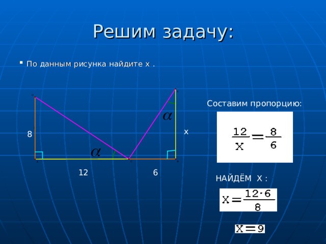 Решим задачу: По данным рисунка найдите х  . 8  12  6  