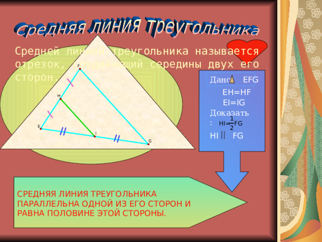 Средней линией треугольника называется отрезок, соединяющий середины двух его сторон. EFG Дано: EH=HF EI=IG Доказать: HI FG СРЕДНЯЯ ЛИНИЯ ТРЕУГОЛЬНИКА ПАРАЛЛЕЛЬНА ОДНОЙ ИЗ ЕГО СТОРОН И РАВНА ПОЛОВИНЕ ЭТОЙ СТОРОНЫ. 
