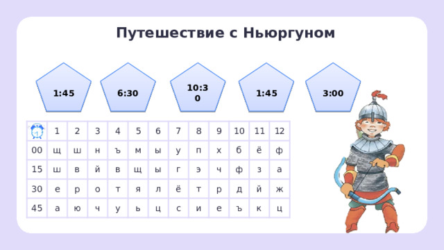 Путешествие с Ньюргуном  1:45 6:30 3:00 10:30 1:45 1 00 2 15 щ ш 3 30 ш 45 в н 4 е а 5 й ъ р в 6 о ю м 7 щ ч ы т я у 8 у ы г ь 9 л п 10 э ц ё х 11 с ч т б и ф 12 р ё е з ф д ъ й а к ж ц Открытие новых знаний — Чтобы отгадать название следующей реки, вам необходимо найти нужную букву в соотвествии со временем. 