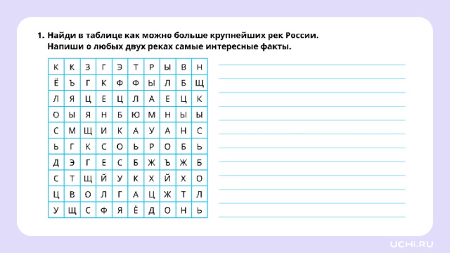 Закрепление (повышенный уровень)  — Ребята, подготовьте простой карандаш, ручку. Выполните задания на рабочих листах.   Заметка: это задание вы можете провести, показав в презентации, или распечатать материалы, загрузив урок «Крупнейшие реки России: название, нахождение на карте из сервиса «Подготовка к уроку» . *скрин рабочего листа во всю белую область*  
