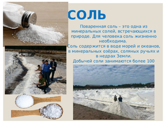 СОЛЬ Поваренная соль – это одна из минеральных солей, встречающихся в природе. Для человека соль жизненно необходима. Соль содержится в воде морей и океанов, в минеральных озёрах, соляных ручьях и в недрах Земли. Добычей соли занимаются более 100 стран по всему миру. 