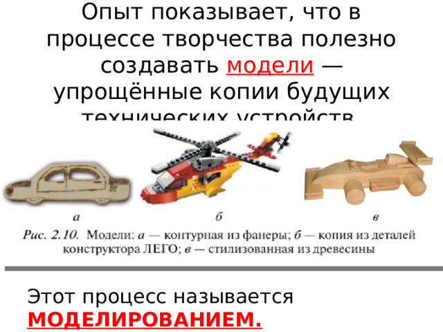 Опыт показывает, что в процессе творчества полезно создавать модели — упрощённые копии будущих технических устройств. Этот процесс называется МОДЕЛИРОВАНИЕМ. 
