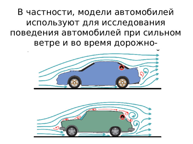 В частности, модели автомобилей используют для исследования поведения автомобилей при сильном ветре и во время дорожно-транспортных происшествий. 