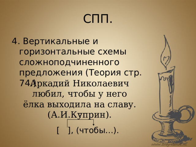 СПП. 4. Вертикальные и горизонтальные схемы сложноподчиненного предложения (Теория стр. 74.) Аркадий Николаевич любил, чтобы у него ёлка выходила на славу. (А.И.Куприн). ? [ ] , (чтобы…). 