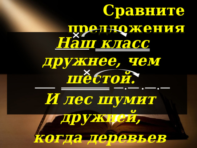 Сравните предложения  Наш класс дружнее, чем шестой.  И лес шумит дружней,  когда деревьев много . 
