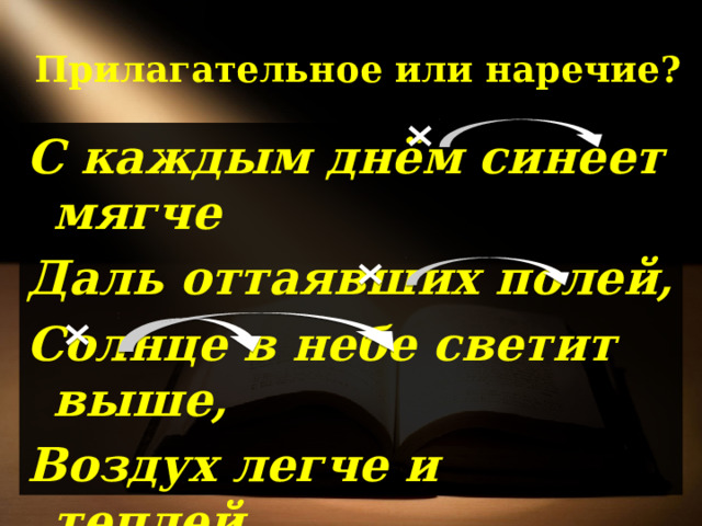 Прилагательное или наречие? С каждым днём синеет мягче Даль оттаявших полей, Солнце в небе светит выше, Воздух легче и теплей. И.Бунин 