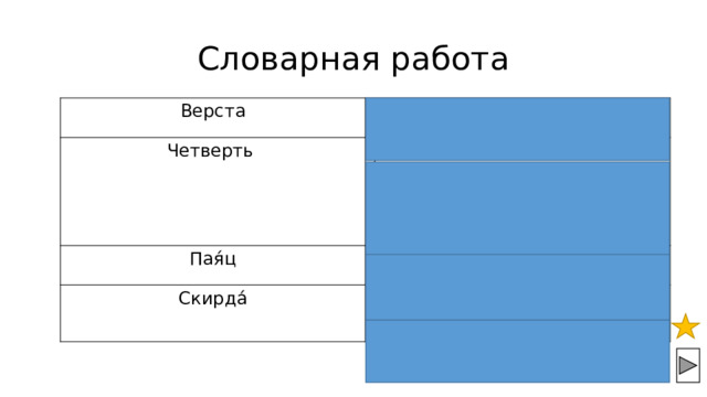 Словарная работа Верста старинная русская мера  длины равная 1км 6м Четверть четвёртая часть чего-либо  (раньше считали, что это расстояние  между кончиками большого и среднего  пальца).   Пая́ц старинное название клоуна.   Скирда́ большой, обычно  продолговатый стог сена. 