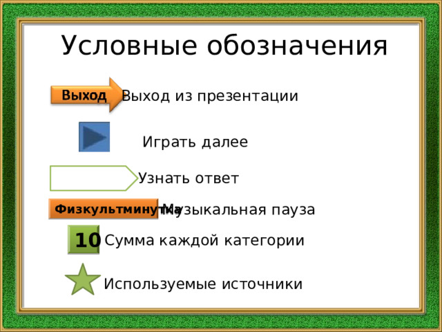 Условные обозначения Выход из презентации Играть далее Узнать ответ Музыкальная пауза Физкультминутка 10 Сумма каждой категории Используемые источники 