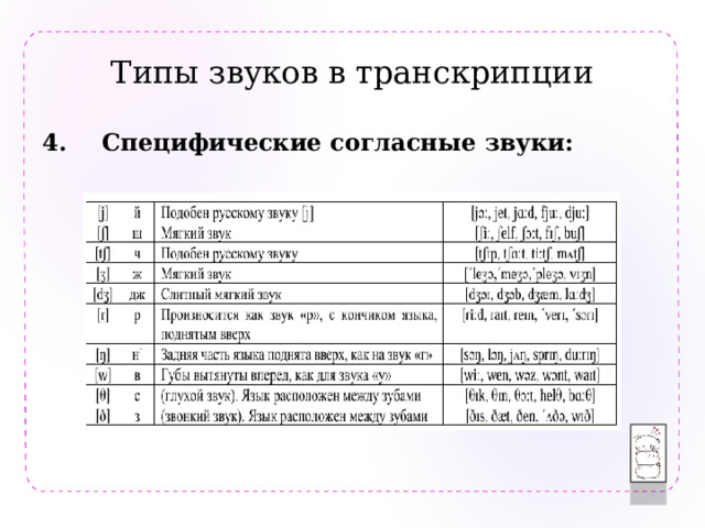 Типы звуков в транскрипции  Специфические согласные звуки:   