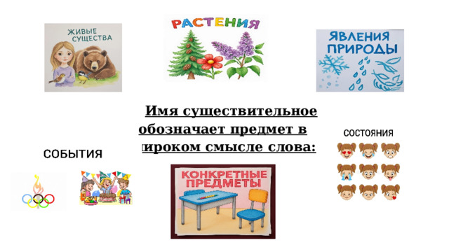 Имя существительное обозначает предмет в широком смысле слова:   
