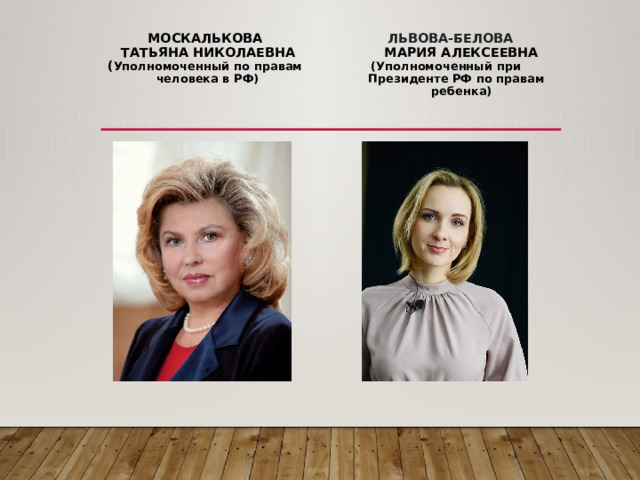  Москалькова Львова-Белова  Татьяна николаевна Мария Алексеевна  ( Уполномоченный по правам (Уполномоченный при  человека в РФ) Президенте РФ по правам  ребенка) 