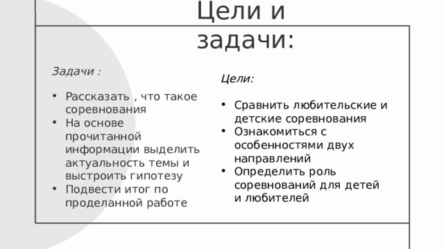 Цели и задачи: Цели: Сравнить любительские и детские соревнования Ознакомиться с особенностями двух направлений Определить роль соревнований для детей и любителей Задачи : Рассказать , что такое соревнования На основе прочитанной информации выделить актуальность темы и выстроить гипотезу Подвести итог по проделанной работе 