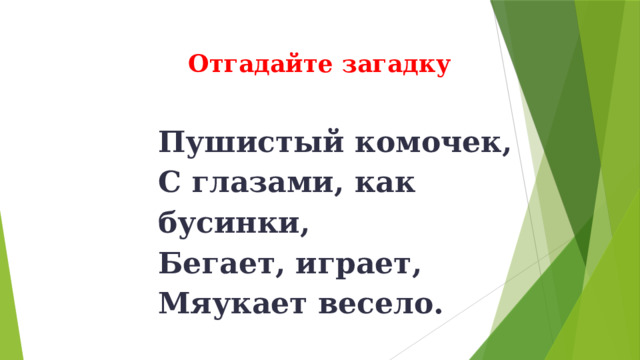 Отгадайте загадку Пушистый комочек,  С глазами, как бусинки,  Бегает, играет,  Мяукает весело. 