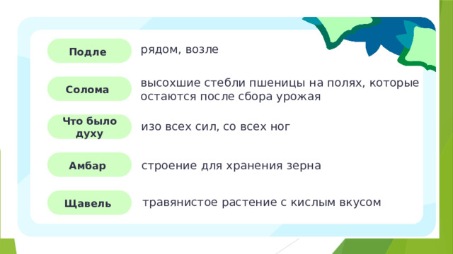 рядом, возле Подле  высохшие стебли пшеницы на полях, которые остаются после сбора урожая Солома  Открытие нового знания. Словарная работа   — Проверьте себя! изо всех сил, со всех ног Что было духу строение для хранения зерна Амбар   травянистое растение с кислым вкусом Щавель  