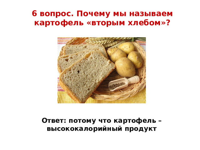 6 вопрос. Почему мы называем картофель «вторым хлебом»? Ответ: потому что картофель – высококалорийный продукт 