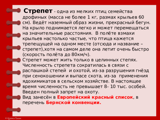   Стрепет - одна из мелких птиц семейства дрофиных (масса не более 1 кг, размах крыльев 60 см). Ведёт наземный образ жизни, прекрасный бегун. На крыло поднимается легко и может перемещаться на значительные расстояния.  В полёте взмахи крыльев настолько частые, что птица кажется трепещущей на одном месте (отсюда и название – стрепет),хотя на самом деле она летит очень быстро (скорость полёта до 80км/ч). Стрепет может жить только в целинных степях. Численность стрепета сократилась в связи с распашкой степей и охотой, из-за разрушения гнёзд при сенокошении и выпасе скота, из-за применения ядохимикатов в сельском хозяйстве. В настоящее время численность не превышает 8- 10 тыс. особей. Введен полный запрет на охоту. Вид занесён в Европейский красный список , в перечень Бернской конвенции. 