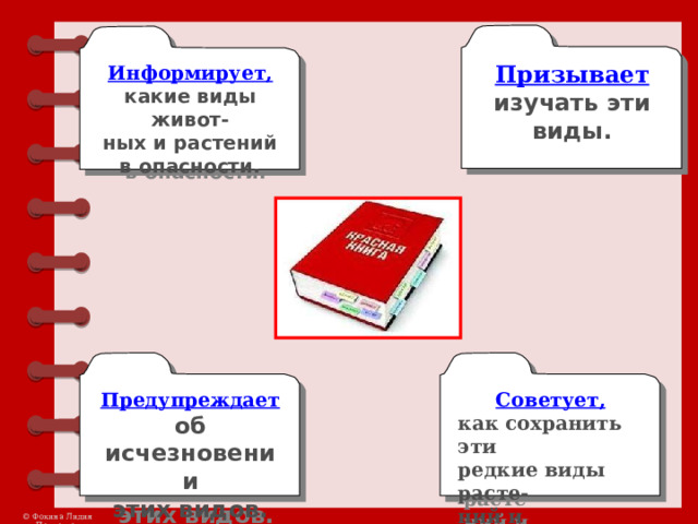 Призывает изучать эти виды. Информирует, какие виды живот- ных и растений в опасности. Предупреждает Советует, об исчезновении как сохранить эти этих видов. редкие виды расте- ний и животных. 