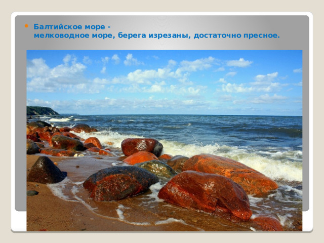 Балтийское   море   -мелководное   море, берега   изрезаны, достаточно   пресное.   