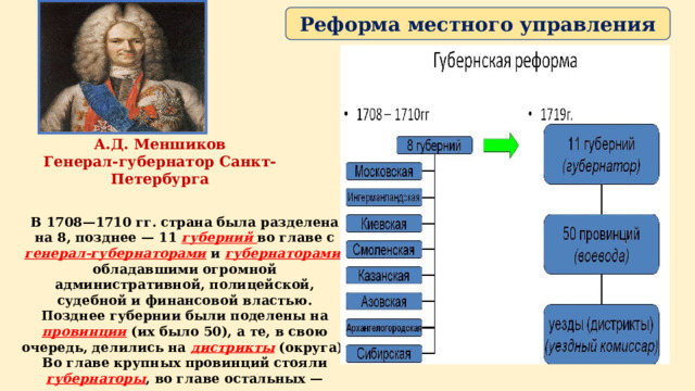 Реформа местного управления А.Д. Меншиков Генерал-губернатор Санкт-Петербурга В 1708—1710 гг. страна была разделена на 8, позднее — 11 губерний во главе с генерал-губернаторами  и губернаторами , обладавшими огромной административной, полицейской, судебной и финансовой властью. Позднее губернии были поделены на провинции  (их было 50), а те, в свою очередь, делились на дистрикты  (округа). Во главе крупных провинций стояли губернаторы , во главе остальных — воеводы . 