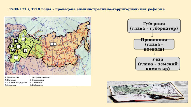 1708-1710, 1719 годы – проведена административно-территориальная реформа Губерния (глава – губернатор) Провинция (глава – воевода) Уезд (глава – земский комиссар) 