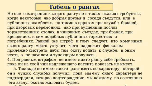 Табель о рангах Но сие осмотрение каждого рангу не в таких оказиях требуется, когда некоторые яко добрыя друзья и соседи съедутся, или в публичных асамблеях, но токмо в церквах при службе божией, при дворовых церемониях, яко при аудиенции послов, торжественных столах, в чиновных съездах, при браках, при крещениях, и сим подобных публичных торжествах и погребениях. Равной же штраф и тому следует, кто кому ниже своего рангу место уступит, чего надлежит фискалом прилежно смотреть, дабы тем охоту подать к службе, и оным честь, а не нахалом и тунеядцом получать. 4. Под равным штрафом, не имеет никто рангу себе требовать, пока он на свой чин надлежащаго патента показать не имеет.  5. Такожде не имеет никто ранг взять по характеру, которой он в чужих службах получил, пока мы ему онаго характера не подтвердили, которое подтверждение мы каждому по состоянию его заслуг охотно жаловать будем.  6. Без патента апшит никому не дает ранга, разве оной апшит за нашею рукою дан будет. 