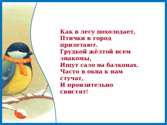 Как в лесу похолодает, Птички в город прилетают. Грудкой жёлтой всем знакомы, Ищут сало на балконах. Часто в окна к нам стучат, И пронзительно свистят! 