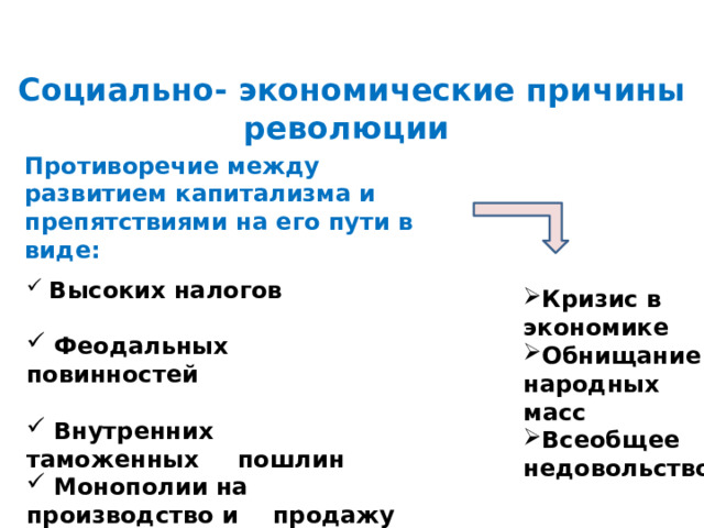 Противоречие между развитием капитализма и препятствиями на его пути в виде: Социально- экономические причины революции   Высоких налогов   Феодальных повинностей   Внутренних таможенных  пошлин  Монополии на производство и  продажу продукции      Кризис в экономике Обнищание народных масс Всеобщее недовольство  