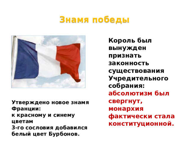 Знамя победы Король был вынужден признать законность существования Учредительного собрания: абсолютизм был свергнут, монархия фактически стала конституционной. Утверждено новое знамя Франции: к красному и синему цветам 3-го сословия добавился белый цвет Бурбонов. 