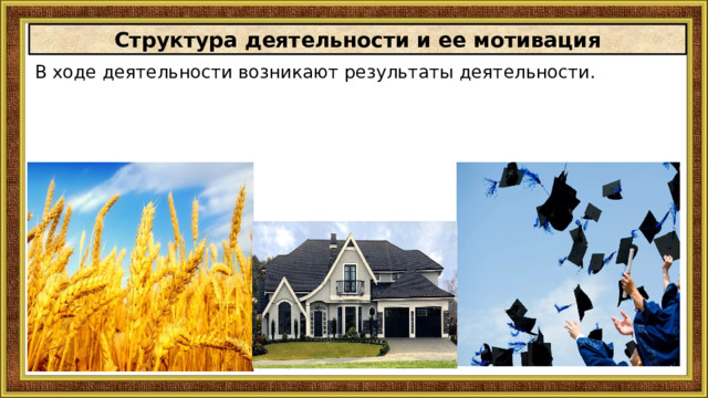 Структура деятельности и ее мотивация В ходе деятельности возникают результаты деятельности. 
