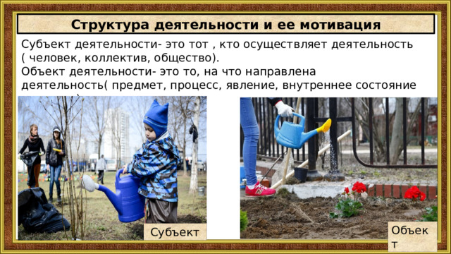 Структура деятельности и ее мотивация Субъект деятельности- это тот , кто осуществляет деятельность ( человек, коллектив, общество). Объект деятельности- это то, на что направлена деятельность( предмет, процесс, явление, внутреннее состояние человека) Объект Субъект 