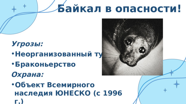 Байкал в опасности! Угрозы: Неорганизованный туризм Браконьерство Охрана: Объект Всемирного наследия ЮНЕСКО (с 1996 г.) ООПТ  