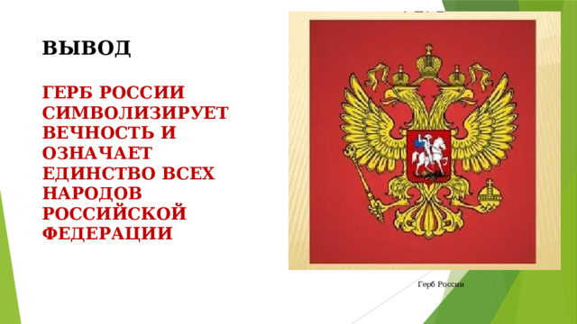 ВЫВОД ГЕРБ РОССИИ СИМВОЛИЗИРУЕТ ВЕЧНОСТЬ И ОЗНАЧАЕТ ЕДИНСТВО ВСЕХ НАРОДОВ РОССИЙСКОЙ ФЕДЕРАЦИИ Герб России 