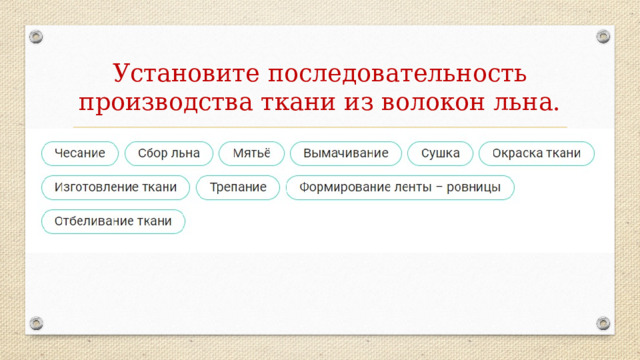 Установите последовательность производства ткани из волокон льна. Сбор льна – Вымачивание – Сушка – Мятьё – Трепание – Чесание - Формирование ленты – ровницы - Изготовление ткани - Отбеливание ткани - Окраска ткани  