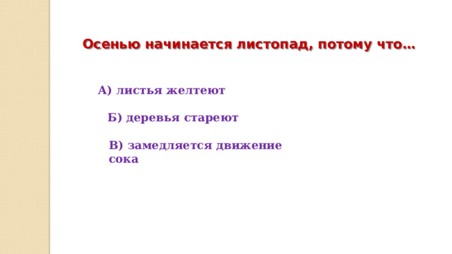  Осенью начинается листопад, потому что… А) листья желтеют Б) деревья стареют В) замедляется движение сока 