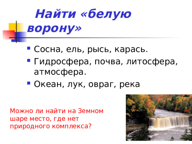  Найти «белую ворону» Можно ли найти на Земном шаре место, где нет природного комплекса? 