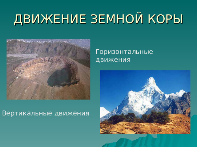 ДВИЖЕНИЕ ЗЕМНОЙ КОРЫ Горизонтальные движения Вертикальные движения 