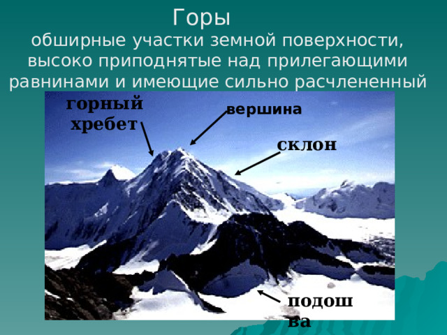 Горы обширные участки земной поверхности, высоко приподнятые над прилегающими равнинами и имеющие сильно расчлененный рельеф горный хребет вершина склон подошва 