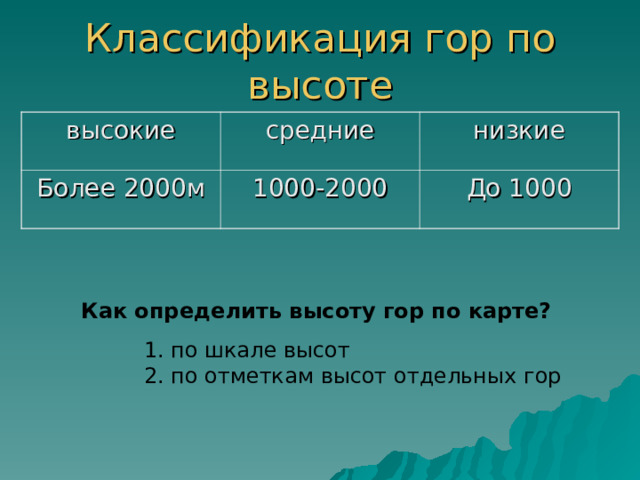 Классификация гор по высоте высокие средние Более 2000м низкие 1000-2000 До 1000 Как определить высоту гор по карте? 1. по шкале высот 2. по отметкам высот отдельных гор   