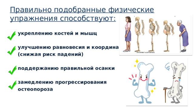 Правильно подобранные физические упражнения способствуют:  укреплению костей и мышц   улучшению равновесия и координации (снижая риск падений)   поддержанию правильной осанки   замедлению прогрессирования остеопороза   1 