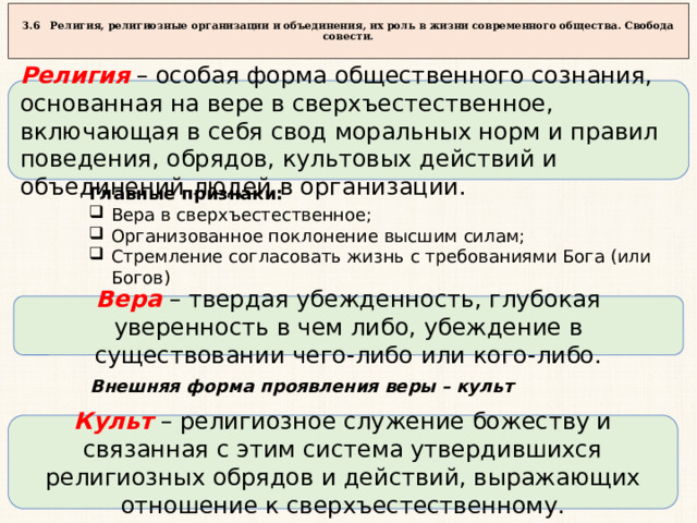  3.6 Религия, религиозные организации и объединения, их роль в жизни современного общества. Свобода совести.   Религия  – особая форма общественного сознания, основанная на вере в сверхъестественное, включающая в себя свод моральных норм и правил поведения, обрядов, культовых действий и объединений людей в организации. Главные признаки: Вера в сверхъестественное; Организованное поклонение высшим силам; Стремление согласовать жизнь с требованиями Бога (или Богов) Вера  – твердая убежденность, глубокая уверенность в чем либо, убеждение в существовании чего-либо или кого-либо. Внешняя форма проявления веры – культ . Культ – религиозное служение божеству и связанная с этим система утвердившихся религиозных обрядов и действий, выражающих отношение к сверхъестественному. 