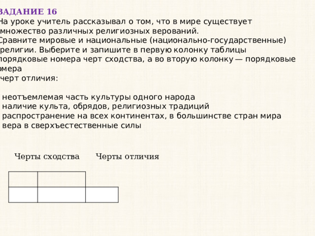 ЗАДАНИЕ 16 На уроке учитель рассказывал о том, что в мире существует  множество различных религиозных верований. Сравните мировые и национальные (национально-государственные)  религии. Выберите и запишите в первую колонку таблицы порядковые номера черт сходства, а во вторую колонку — порядковые номера  черт отличия:   1) неотъемлемая часть культуры одного народа 2) наличие культа, обрядов, религиозных традиций 3) распространение на всех континентах, в большинстве стран мира 4) вера в сверхъестественные силы   Черты сходства Черты отличия 