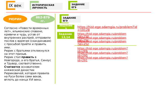  IX век ЗАДАНИЕ ЕГЭ ИСТОРИЧЕСКАЯ ЛИЧНОСТЬ РЮРИК 862-879 гг. ЗАДАНИЕ ЕГЭ Задание 3 Согласно «Повести временных лет», ильменские словене, кривичи и чудь, устав от внутренних распрей, отправили послов к варягам (скандинавам) с просьбой прийти и править ими. Рюрик с братьями откликнулся на этот призыв. Рюрик стал править в Новгороде, а его братья, Синеус и Трувор, соответственно. Считается основателем княжеской династии Рюриковичей, которая правила на Руси более семи веков, вплоть до конца XVI века. https://hist-ege.sdamgia.ru/problem?id=250 Задание 13,14 https://hist-ege.sdamgia.ru/problem?id=251 https://hist-ege.sdamgia.ru/problem?id=252 https://hist-ege.sdamgia.ru/problem?id=289 https://hist-ege.sdamgia.ru/problem?id=290 https://hist-ege.sdamgia.ru/problem?id=291 