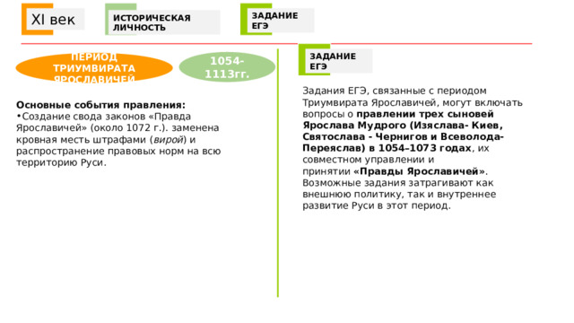  XI век ЗАДАНИЕ ЕГЭ ИСТОРИЧЕСКАЯ ЛИЧНОСТЬ ЗАДАНИЕ ЕГЭ 1054-1113гг. ПЕРИОД ТРИУМВИРАТА ЯРОСЛАВИЧЕЙ Задания ЕГЭ, связанные с периодом Триумвирата Ярославичей, могут включать вопросы о  правлении трех сыновей Ярослава Мудрого (Изяслава- Киев, Святослава - Чернигов и Всеволода- Переяслав) в 1054–1073 годах , их совместном управлении и принятии  «Правды Ярославичей» . Возможные задания затрагивают как внешнюю политику, так и внутреннее развитие Руси в этот период.  Основные события правления: Создание свода законов «Правда Ярославичей» (около 1072 г.). заменена кровная месть штрафами ( вирой ) и распространение правовых норм на всю территорию Руси. 