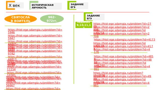    ЗАДАНИЕ ЕГЭ X век ИСТОРИЧЕСКАЯ ЛИЧНОСТЬ ЗАДАНИЕ ЕГЭ 962-972гг. СВЯТОСЛАВ ВОИТЕЛЬ https://hist-ege.sdamgia.ru/problem?id=2705 Задание 9,10,11,12 https://hist-ege.sdamgia.ru/problem?id=2706 https://hist-ege.sdamgia.ru/problem?id=5946 https://hist-ege.sdamgia.ru/problem?id=5947 https://hist-ege.sdamgia.ru/problem?id=46805 https://hist-ege.sdamgia.ru/problem?id=5949 https://hist-ege.sdamgia.ru/problem?id=46212 https://hist-ege.sdamgia.ru/problem?id=2708 https://hist-ege.sdamgia.ru/problem?id=4173 https://hist-ege.sdamgia.ru/problem?id=40145 https://hist-ege.sdamgia.ru/problem?id=9741 https://hist-ege.sdamgia.ru/problem?id=9742 https://hist-ege.sdamgia.ru/problem?id=46817 https://hist-ege.sdamgia.ru/problem?id=9744 https://hist-ege.sdamgia.ru/problem?id=4174 https://hist-ege.sdamgia.ru/problem?id=4176 https://hist-ege.sdamgia.ru/problem?id=4858 https://hist-ege.sdamgia.ru/problem?id=4859 https://hist-ege.sdamgia.ru/problem?id=10380 https://hist-ege.sdamgia.ru/problem?id=11154 https://hist-ege.sdamgia.ru/problem?id=10381 https://hist-ege.sdamgia.ru/problem?id=46856 https://hist-ege.sdamgia.ru/problem?id=46247 https://hist-ege.sdamgia.ru/problem?id=4861 https://hist-ege.sdamgia.ru/problem?id=4978 https://hist-ege.sdamgia.ru/problem?id=4979 https://hist-ege.sdamgia.ru/problem?id=56666 https://hist-ege.sdamgia.ru/problem?id=56667 https://hist-ege.sdamgia.ru/problem?id=56668 https://hist-ege.sdamgia.ru/problem?id=56669 https://hist-ege.sdamgia.ru/problem?id=46248 https://hist-ege.sdamgia.ru/problem?id=4981 