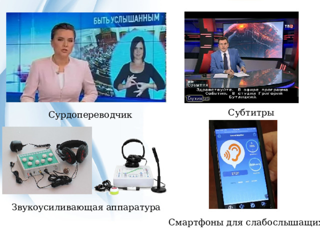 Субтитры Сурдопереводчик Звукоусиливающая  аппаратура Смартфоны для слабослышащих  