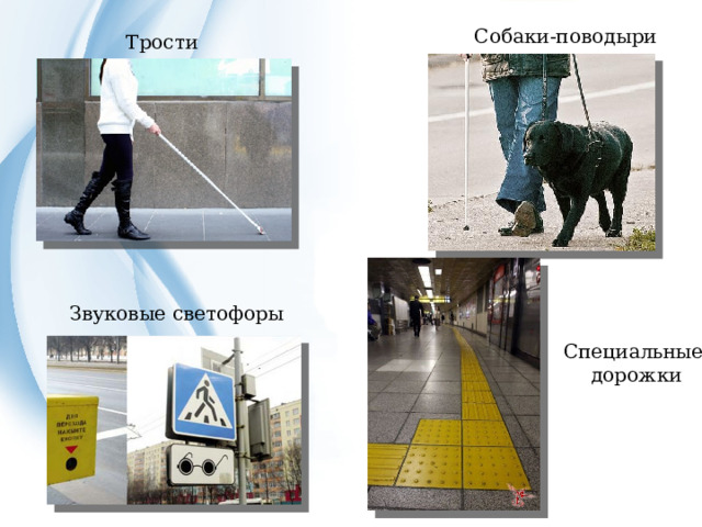Собаки-поводыри Трости  Звуковые светофоры Специальные дорожки 