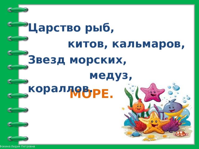 Царство рыб,  китов, кальмаров, Звезд морских,  медуз, кораллов.  МОРЕ. 