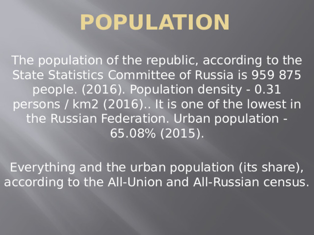 Population The population of the republic, according to the State Statistics Committee of Russia is 959 875 people. (2016). Population density - 0.31 persons / km2 (2016).. It is one of the lowest in the Russian Federation. Urban population - 65.08% (2015). Everything and the urban population (its share), according to the All-Union and All-Russian census. 