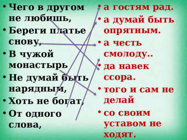 Чего в другом не любишь, Береги платье снову, В чужой монастырь Не думай быть нарядным, Хоть не богат, От одного слова, а гостям рад. а думай быть опрятным. а честь смолоду.. да навек ссора. того и сам не делай со своим уставом не ходят. 